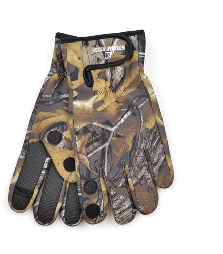 GM Apparel Mens Neoprene Gloves - Fishing Hunting Shooting Sports Outerwear with Rubber Grip Palm and Fold Back Fingers, Thumb and Index, Perfect for Fishing Hiking, Outdoor Use (Camouflage, M-L)