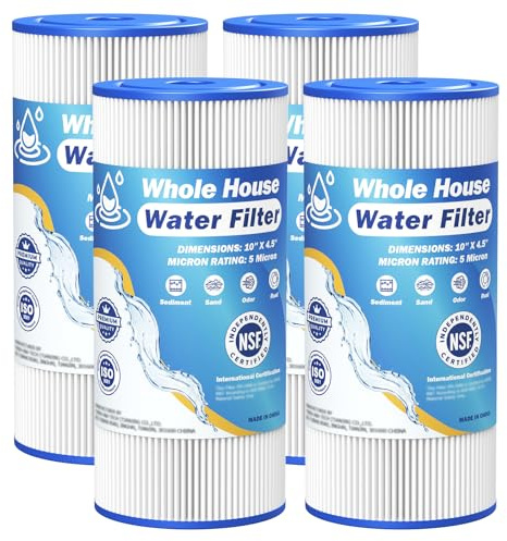 5 Micron 10 x 4.5 Whole House Water Filter Compatible with GE FXHSC, GXWH40L, Plumber W50PEHD, Culligan R50-BBSA, Pentek R50-BB, W10-PR, DuPont WFHDC3001, W50PEHD, High Flow Sediment Filters, 4 Pack