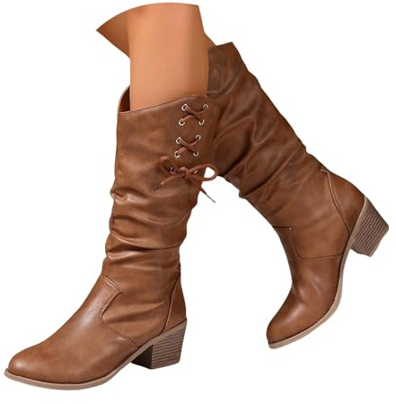 Lanunlly Botines Mujer Pantorrilla Botas Media Caña Originales Vintage Zapatos Altas Chelsea Elegantes Boots Tacón Alto Comodos Botin Caña Ancha Moda Bota con Cordones para Invierno Otoño Primavera