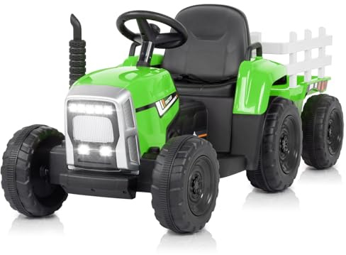 LALAHO trattore elettrico per bambini 12V con luci a LED, trattore telecomandato, musica, 3-8km/h, rimorchio staccabile (Verde chiaro)