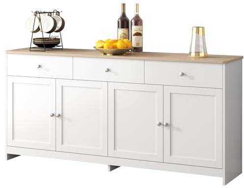 Armadio da cucina, credenza con 3 cassetti, 4 ante, con piano di lavoro, per soggiorno, camera da letto, corridoio, 160 x 37 x 75 cm (bianco - 3 cassetti A)
