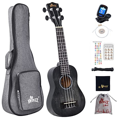 Winzz Ukulele Sopran Barn Vuxna Nybörjare med 6 Tillbehör, Unik Färgdesign – Svart, 21 Tum