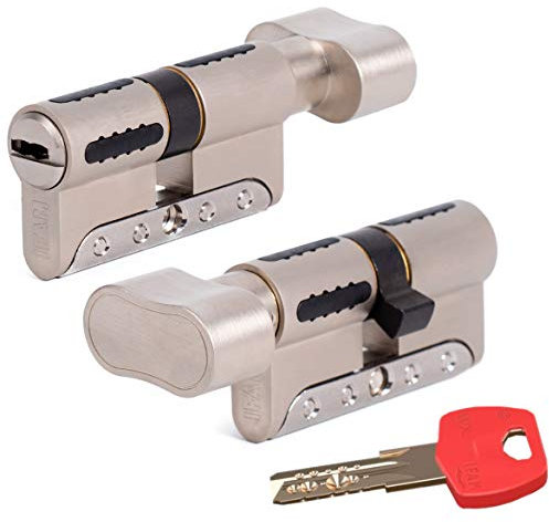 IFAM WX1000 Bombin de Seguridad 30x30 Color Niquel CON POMO Cilindro Bombillo Reforzado DOBLE EMBRAGUE Antirotura Antibumping Antitaladro Leva Antiextracción Cerradura para Puerta 5 Llaves y Tarjeta