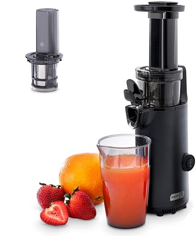 DASH Deluxe Compact Masticating Slow Juicer, Easy to Clean Cold Press Juicer with Brush, Pulp Measuring Cup, Frozen Attachment and Juice Recipe Guide - Black