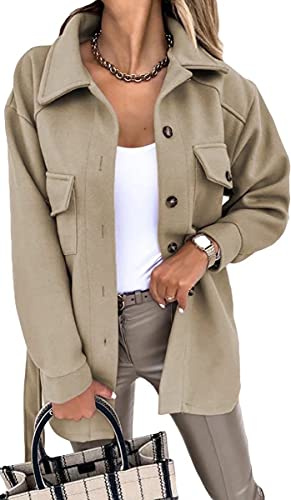ASKSA Womens Single Breasted Shacket Jacket Mid Length Trench Pea Coat Long Sleeve Cardigan Outwear with Belt(Khaki,XL)