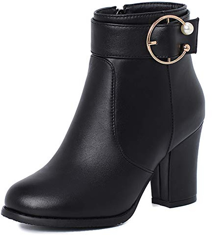 SJJH Eleganti stivaletti da donna con tacco grosso e chiusura lampo, ecopelle nera, 45 EU