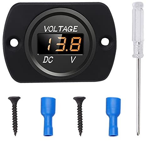 YIXISI Voltmetro per Auto Impermeabile DC 12V 24V con Schermo Digitale a LED e Piastra di Montaggio, Misuratore di Tensione Rotondo con Terminali per Barca Veicolo Motociclo Camion ATV UTV, Arancia