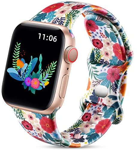Upeak Correa Floral de Doble Cara Para Apple Watch Correa 44mm 45mm 46mm 49mm 42mm(1 2 3), de Silicona Suave Para iWatch 10/9/8/7/6/5/4/3/2/1/SE, 42(1 2 3)/44/45/46/49mm-S/M, Hoja de Palma