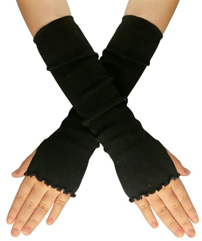 QUUPY 1 paire de mitaines classiques noires tendance style feuille de lotus extensibles longueur coude trou de pouce manchettes hiver automne manches pour femmes filles