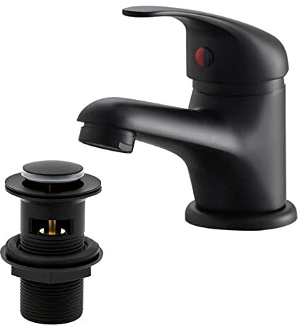 Matte Black Basin Mixer Tap with Pop Up Waste, BATHWEST Tradition Black Monobloc Brass Bathroom Sink Taps with Sink Plug, Single Handle Basin Taps Mixer with Basin Waste 022NBK