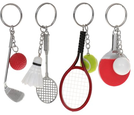 JK Home 4 st kreativ simulering sport boll nyckelringar, realistisk 3D bordtennisboll golf badmintonracket metall hänge nyckelring nyckelbricka hållare för födelsedagsfest presenter väska vänner