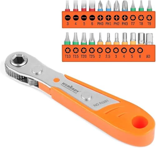 HORUSDY 23-Piece 1/4 Mini Ratchet Offset Screwdriver Bit Set, S2 Steel Right Angle Screwdriver with 90 Degree Mini Offset Reversible Drive Handle& Multi Hex/Phillips/Slotted/Torx Star Bit