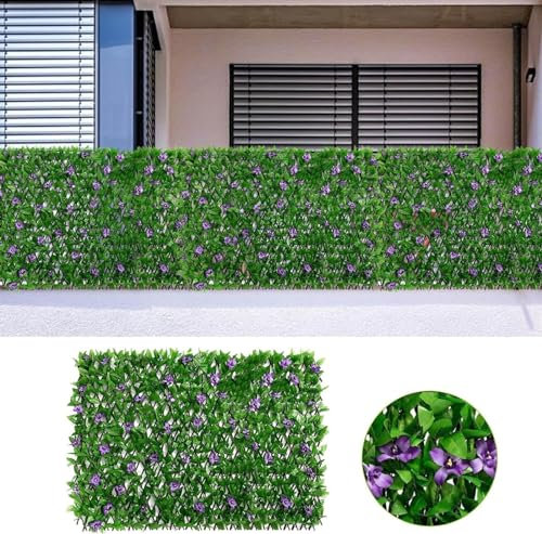 Seto Artificial Ocultacion | Celosia Extensible con Hojas, Jardín Vertical Exterior | con Flores Moradas | Jardín Vertical Exterior | Alfombra De Valla De Imitación para Decoración De Fondo Verde