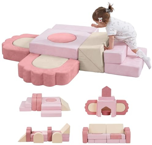 MOOZHEALTH 13 Pieces Foam Climbing Blocks for Toddlers|Floral Baby Soft Play Gym,Kids Indoor Crawing Climbers & Play Structures for Bedroom,Livingroom & Playroom,Pink & Beige