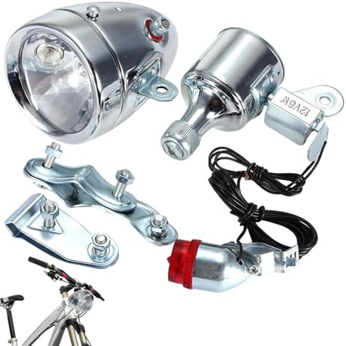 SHITOOMFE Bike Lights Front and Back, Dynamo Bike Light Set 12V 6W Retro Waterproof Modification Motorized Lights Front and Back for Night Riding, Silver