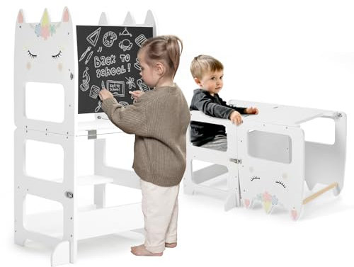 Labebe Lernturm für Kinder, Montessori Faltbarer Lernturm mit Tafel, Multifunktion 3 in 1 Learning Tower, Höchste Sicherheit lernturm ab 18 Monate für Küche Tisch Bad Lernstuhl Lerntower (Animal)