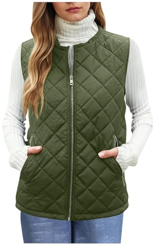 Gilets matelassés pour femmes Uk – Gilet rembourré sans manches avec fermeture éclair sur toute la longueur, poches, veste légère en coton doux pour femme, couleur unie, manteau ample décontracté