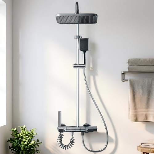 Kinhoou Modern Thermostatic Shower Mixer, Adjustable Shower Riser Rail Kit Square with Overhead Rainfall, Handheld Dispenser and Shower Hose Shower Mixer Set for Bathroom, Grey