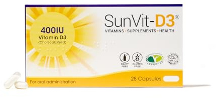 SunVit-D3 Vitamin D 400 IU Capsules - D3 Vitamin Cholecalciferol 28 Daily Vitamin D Capsules | Supports The Maintenance of Bone, Teeth, Muscles & Immune System with Vitamin D3 Capsules | Made in UK