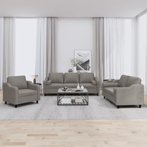 QZZCED Set di divani 3 pezzi, tessuto grigio tortora, con cuscini cilindrici, struttura robusta in compensato e metallo, seduta comoda con imbottitura, design traspirante