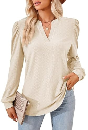 Heersan Chemisier élégant pour Femme - Col en V - Manches Longues - Volants Blouses - Décontracté - Tunique à Manches Longues - Top Femme Automne 2025