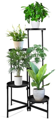 QWORK® 5 Niveaux Support à Plantes en Métal, Étagère à Plantes, Présentoir à Fleurs Noir pour Jardin, Patio, Salon