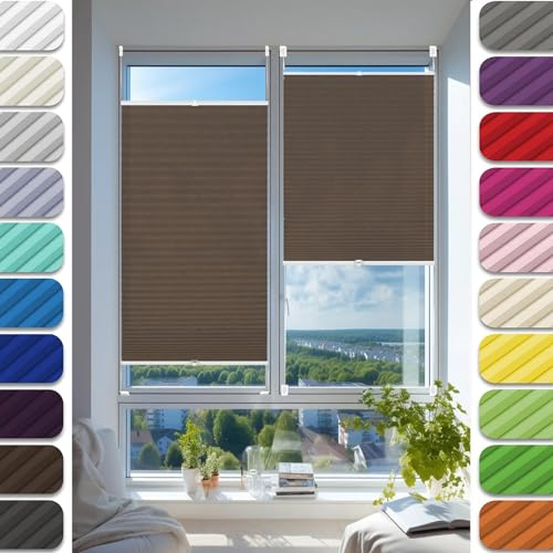 Jalousien Fenster Raffrollo, Fenster plissee 60 x 215 cm, Nach Maß Qualität ohne Bohren, Plissee Fenster Plisseerollo Faltstore, Plisseerollo Rollo Jalousie, für Fenster & Tür, Braun