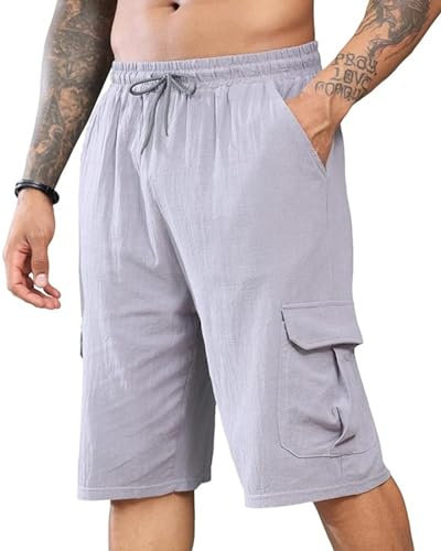 EDITCOZY Mens Linen Shorts Cargo Summer Beach Shorts Casual Vacation Shorts Waist Drawstring Shorts Grey XL