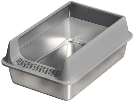 Euakee Inodoro para gatos de acero inoxidable, 50 x 35 x 25 cm, caja de arena semicerrada con borde alto extraíble, alfombrilla para arena para gatos para una fácil limpieza, fácil de limpiar (A)
