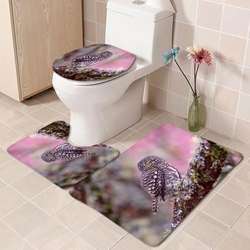 Bad Teppiche Set Rosa Brauneule Badezimmerteppich Waschbar WC Vorleger mit Ausschnitt und WC Deckelbezug 3 Teilig Badematte rutschfest Toilettensitzbezug Badgarnitur 50x80 cm