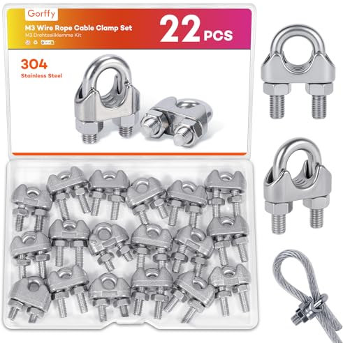 Gorffy 22 Stück Drahtseilklemme, M3 Seilklemmen, Seilklemmen 3mm Edelstahl, Drahtseilklemme M3 für Ø 3mm, Seilverbinder für Wäscheleine, Drahtseilen