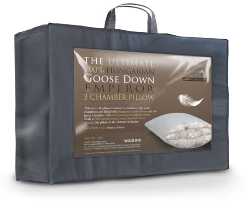 Littens Emperor Size 3 Chamber Pillow, Ultimate Hungarian Goose Down, Side Sleeper, Support, 300TC Cotton, 50cm x 100cm (20 x 40)