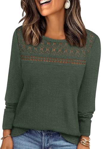 WIHOLL Women Jumpers Long Sleeve Tops Womens Lace Blouse Trendy Waffle Knit Jumpers Dressy Casual