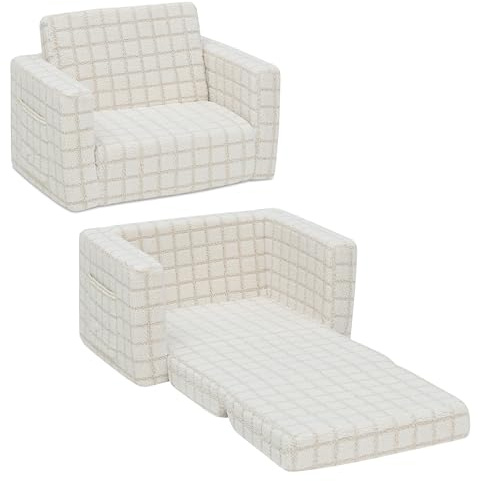 Delta Children Checkered Cozee Flip-Out Kids Chair, Snuggly Sherpa-Like Foam Convertible Armchair for Boys and Girls, Machine Washable Cover, Soft Comfy Toddler Seating for Playroom/Bedroom, Cream