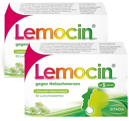 Lemocin Halsschmerztabletten -Lutschtabletten mit Limonengeschmack für Erwachsene und Kinder ab 5 Jahren- bei Beschwerden im Hals- und Rachenraum schmerzstillend & entzündungshemmend - 2 x 50 Stück