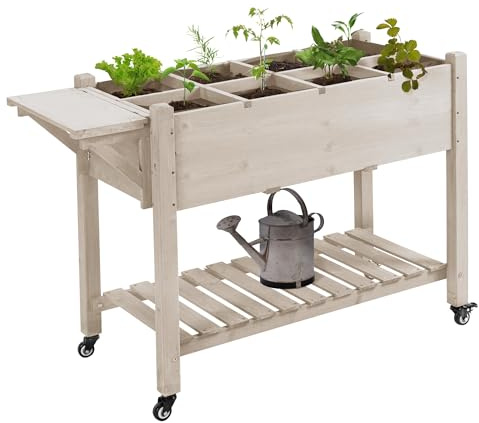 Outsunny Letto per Orto Rialzato a 8 Scomparti con Ruote, Ripiano Laterale e Mensola Inferiore a Doghe, Fioriera Rialzata da Esterno in Abete con 4 Fori di Drenaggio, 123x54x87cm, Colore Legno