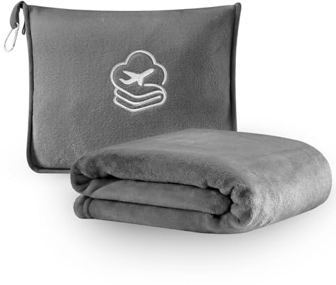 JAJALUYA Travel Blanket, Soft 2-in-1 Airplane Blanket, 65x40 Inches, Travel Essentials Car Blanket with Luggage Sleeve & Backpack Clip (Light Grey)