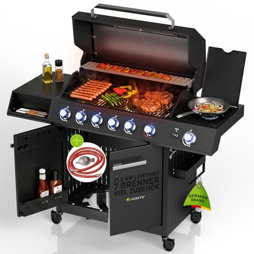 JUSKYS® Gasgrill Tennessee 6+1 – Grillwagen mit 6 Edelstahlbrennern, Seitenkocher, Gusseisenrosten, Glasdeckel mit Thermometer, LED-Knöpfen & Abdeckung