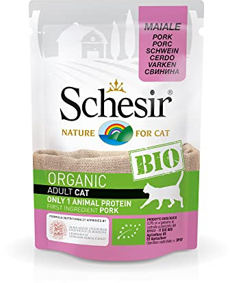 Schesir BIO, Alimento Umido Completo per Gatti, Patè di Maiale, Senza Cereali, in Busta, Gluten Free, 16 x 85 g