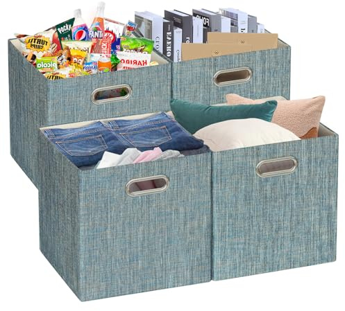Posprica Storage Boxes, Foldable Organiser Cube Basket Bin, Thick and Heavy Duty (33×33×33cm/4pcs, Teal)