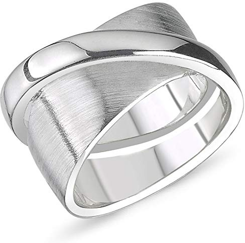 Vinani Damen Doppelring 925 Sterling Silber – Flache und Abgerundete Bänder mit Glänzender und Matter Oberfläche, Modernes zeitloses Schmuckstück für Frauen, Handgefertigt Größe 58, 2RCA58