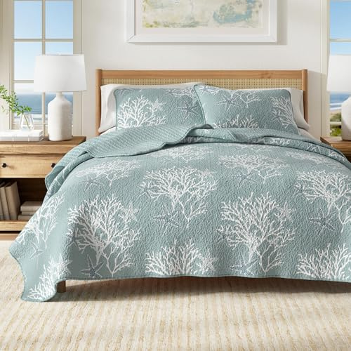 Juego de ropa de cama tamaño King, colcha costera de verano con fundas, juego de colcha reversible de 3 piezas para todas las estaciones. Colcha náutica ligera. Colección Fenwick, azul éter.