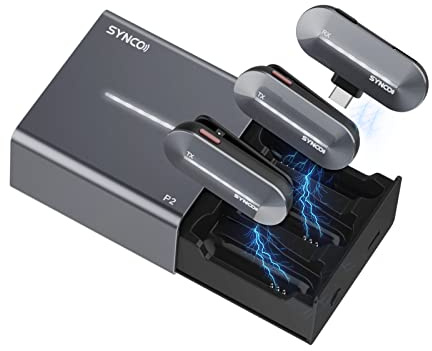 SYNCO Microfono Lavalier, P2T【Type-C】di Mic Lavalier Senza Fili Smartphone 2.4Ghz con Custodia di Ricarica Plug&Play con il Type-C Smartphone Tablet, Microfono-Lavalier-Smartphone-Senza-Fili