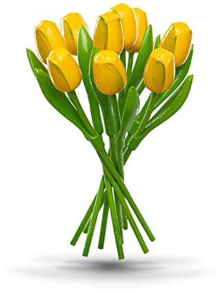 Bouquet di Tulipani in Legno Giallo/Verde - 9 Tulipani Alti 34 cm - Decorazione di Compleanno Dipinta a Mano - Fiori Made in Holland