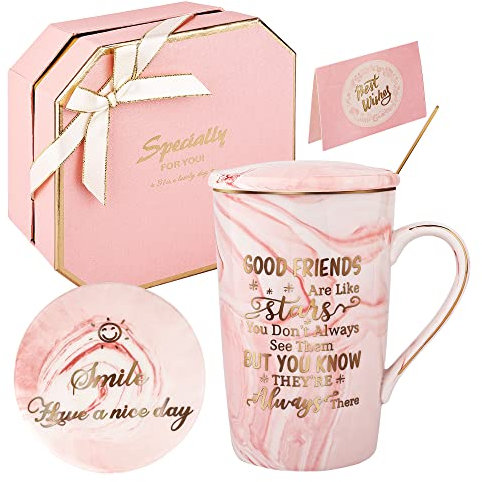 DONGSHANGIFT Regalos de cumpleaños para mujeres-Buenos amigos son como estrellas - Taza de café de mármol de cerámica Caja de regalos de amistad 420ML Rosa