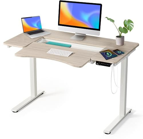 Smart Planner® Electric Standing Desk 120 x 60 cm with Storage Compartment - Height Adjustable Desk, Keyboard Tray, Digital Control Panel, USB Port - Light Wood