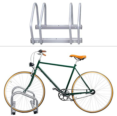 Herrselsam Support de vélo pour 2 vélos, au sol et au mur, support de vélo, 35-55 mm de largeur de pneu pour garage et jardin, argenté