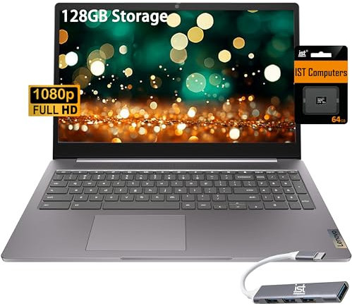 Lenovo Ideapad 3 Chromebook 15 (15.6 FHD, 4GB RAM, 128GB Storage (64GB eMMC + 64GB IST SD Card), Intel Celeron), Home & Student Laptop, IST HUB, 10-Hr Long Battery Life, Wi-Fi 6, Chrome OS