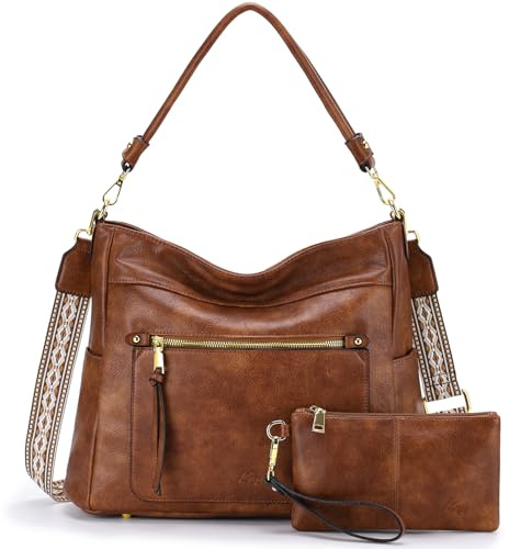 Kasgo Handtasche Damen Groß, Hobo Bag Set Umhängetasche Damen Gross PU Leder Vintage A4-tauglich Shopper Tasche Schultertasche mit Abnehmbarem Schulterriemen für Arbeit Reisen 15L Braun