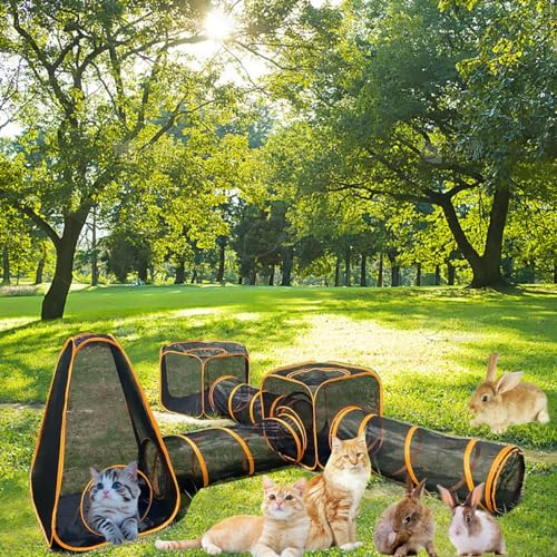 Pucaru 6-in-1-Katzenzelt mit Katzentunnel, Aufklappbares Katzengehege, Katzenhaus für Drinnen und Draußen, Bequem und Atmungsaktiv, Freie Kombination